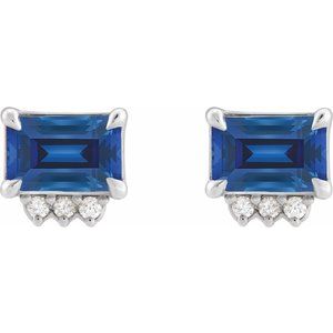 14K White Gold Emerald 5 X 3 Mm Lab-Grown Blue Sapphire And .04 Ctw Natural Diamond 4-Claw Prong Earrings