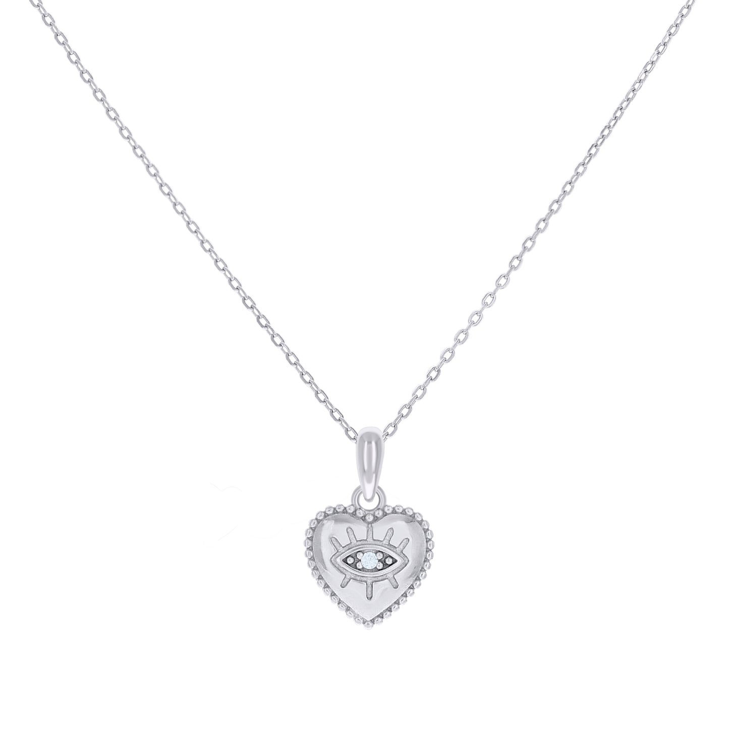 Sterling Silver Womens Cubic-Zirconia Evil Eye Good Luck Heart Charm Necklace Size 16 + 2 Inches