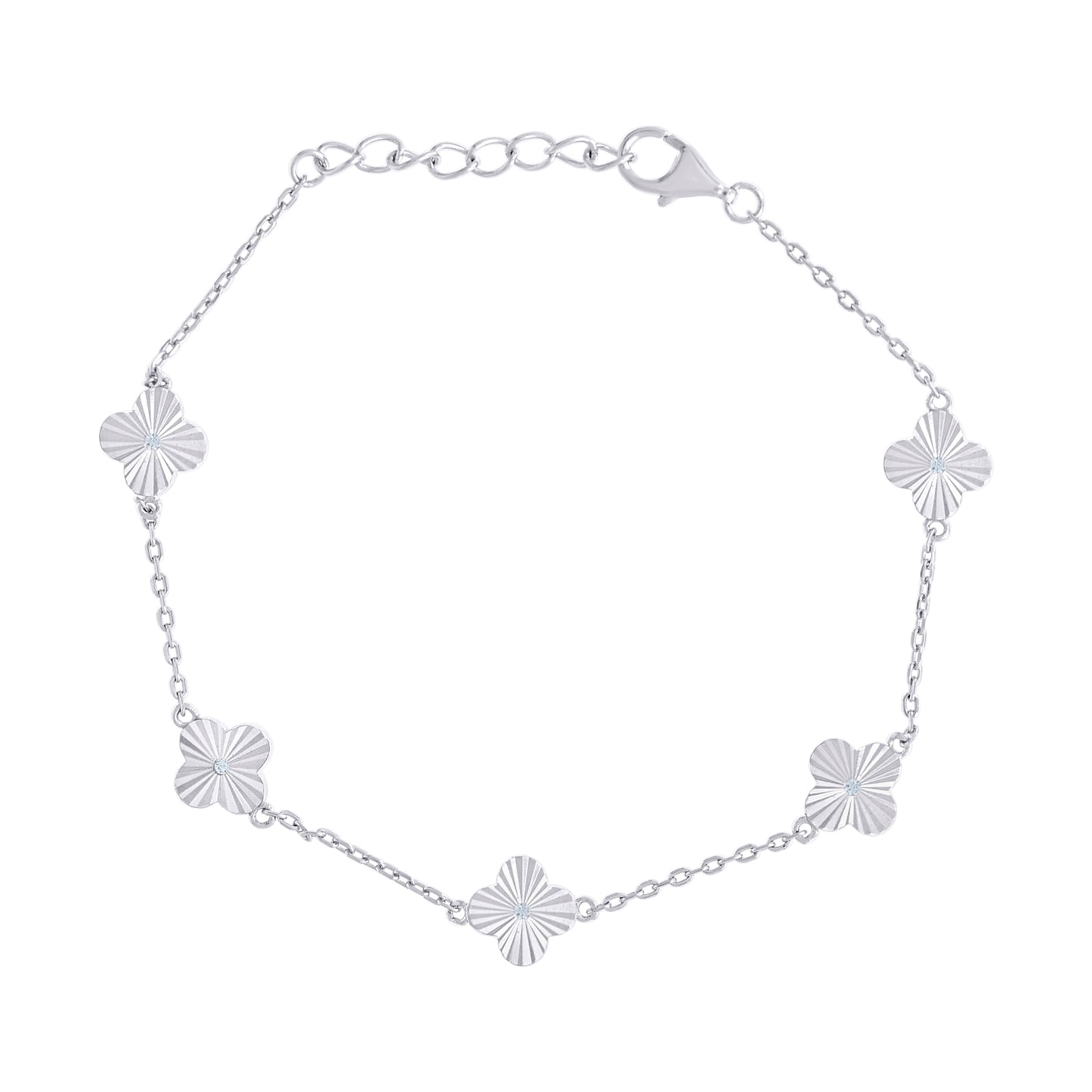 Sterling Silver Womens Cubic-Zirconia Good Luck Clover Charm Bracelet Size 7.5 Inches