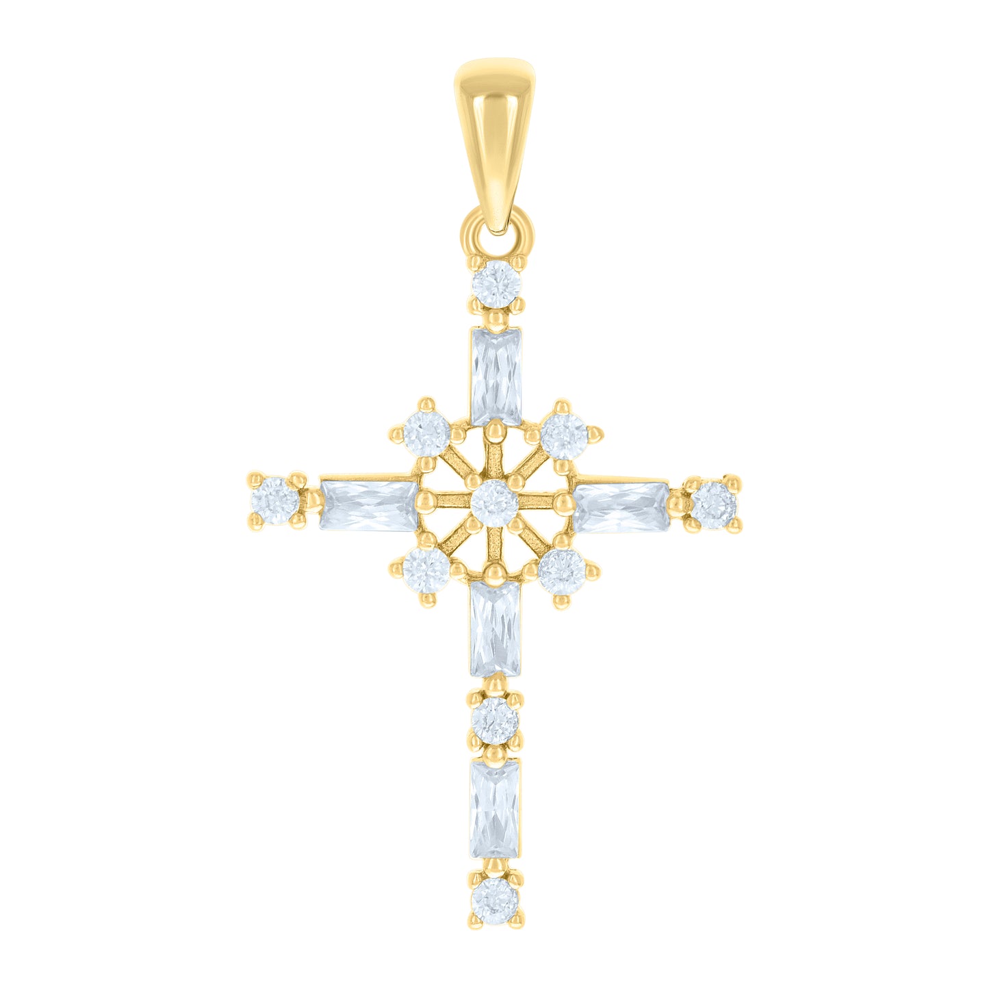 Sterling Silver Unisex Baguette Round Cubic-Zirconia Cross Religious Charm Pendant
