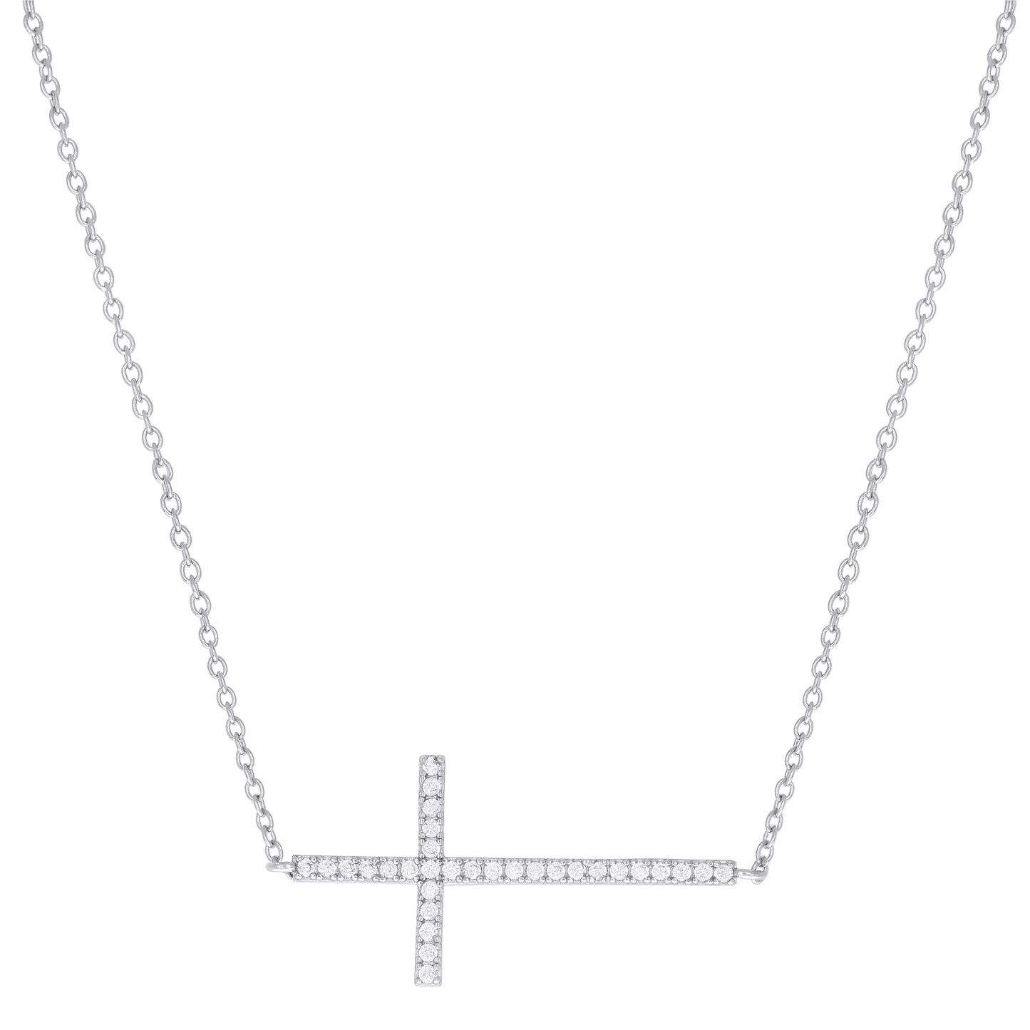 Sterling Silver Womens Cubic-Zirconia Sideways Cross Religious Charm Necklace Size 17 + 1 Inches