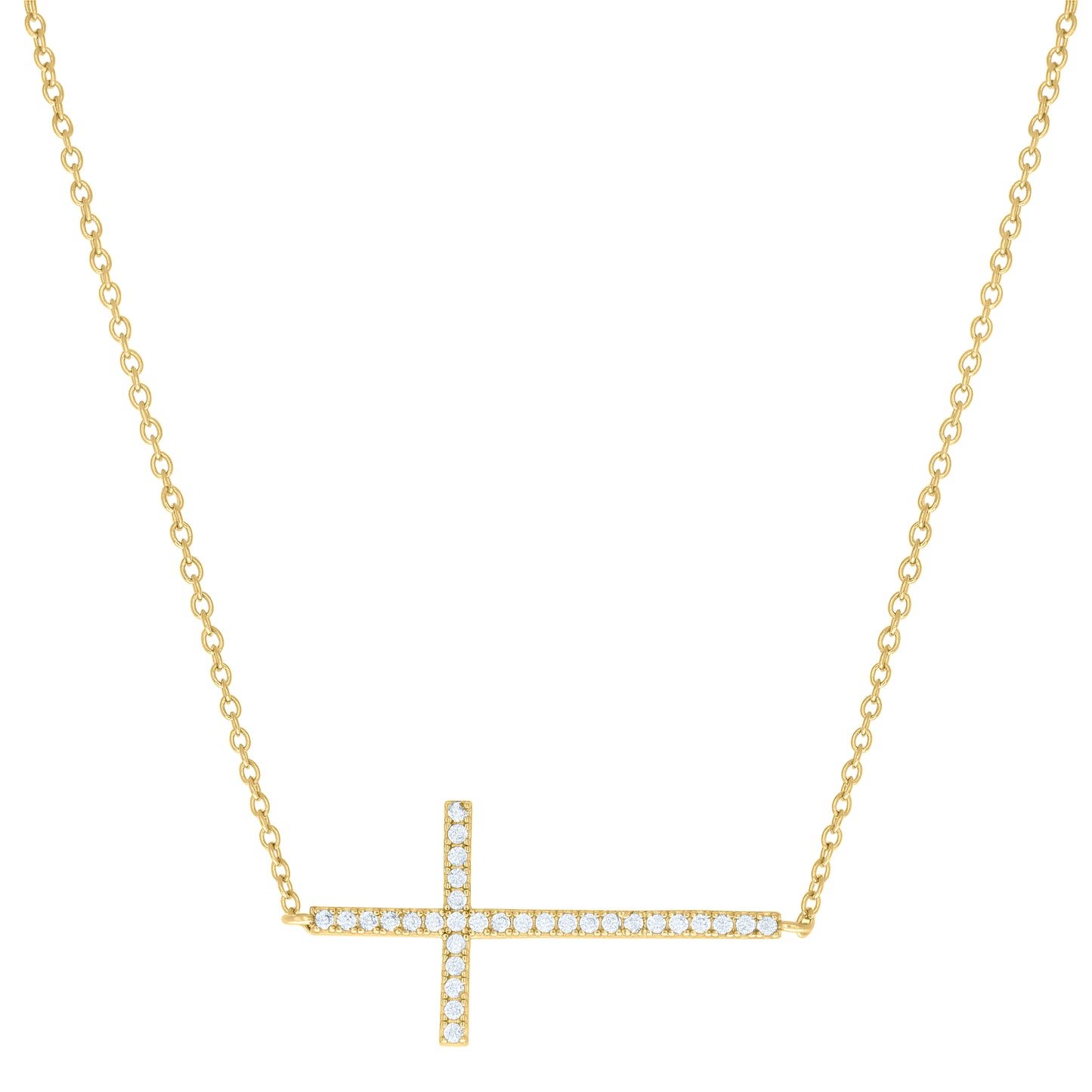 Sterling Silver Womens Cubic-Zirconia Sideways Cross Religious Charm Necklace Size 17 + 1 Inches