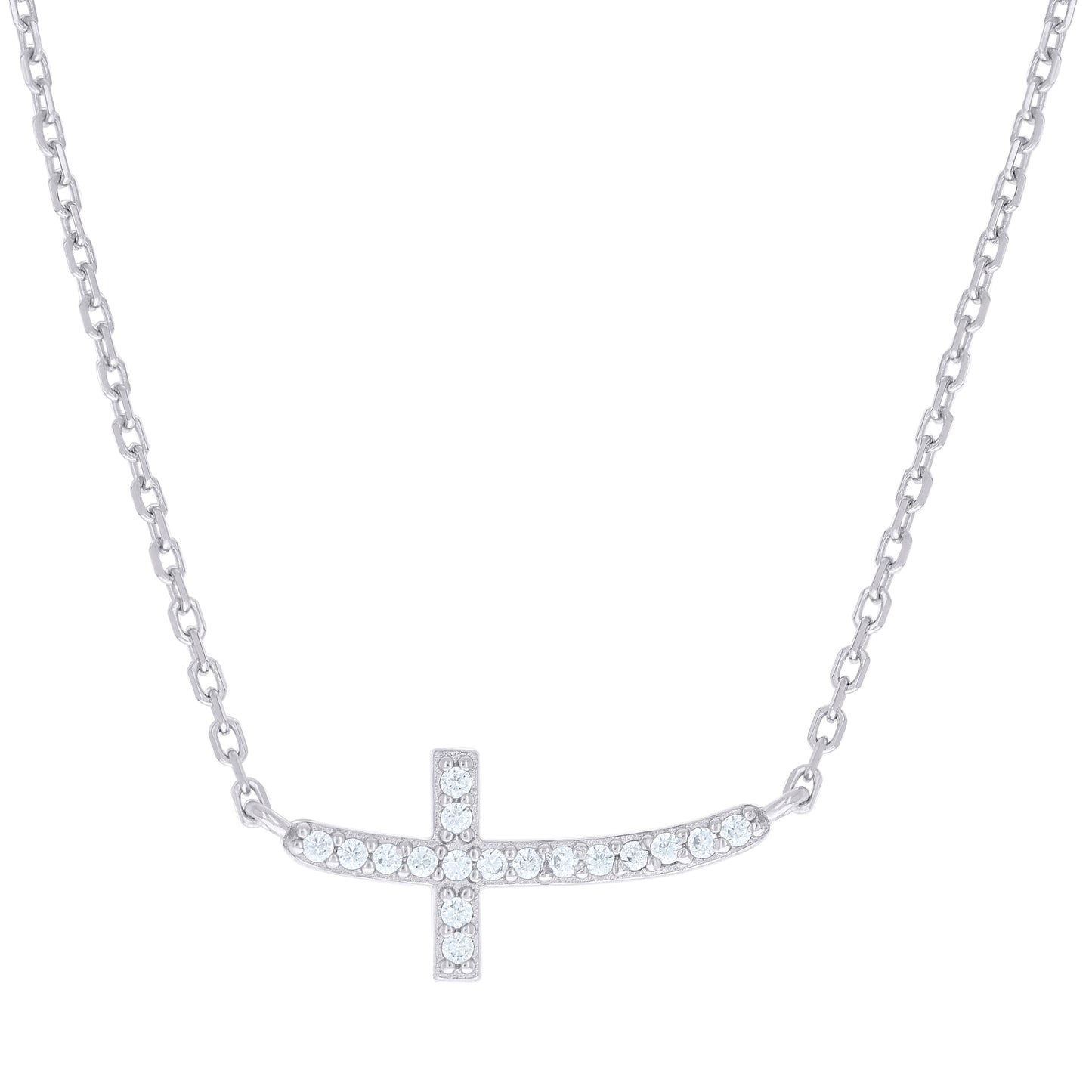 Sterling Silver Unisex Cubic-Zirconia Sideways Cross Necklace Size 16 + 1.5 Inches