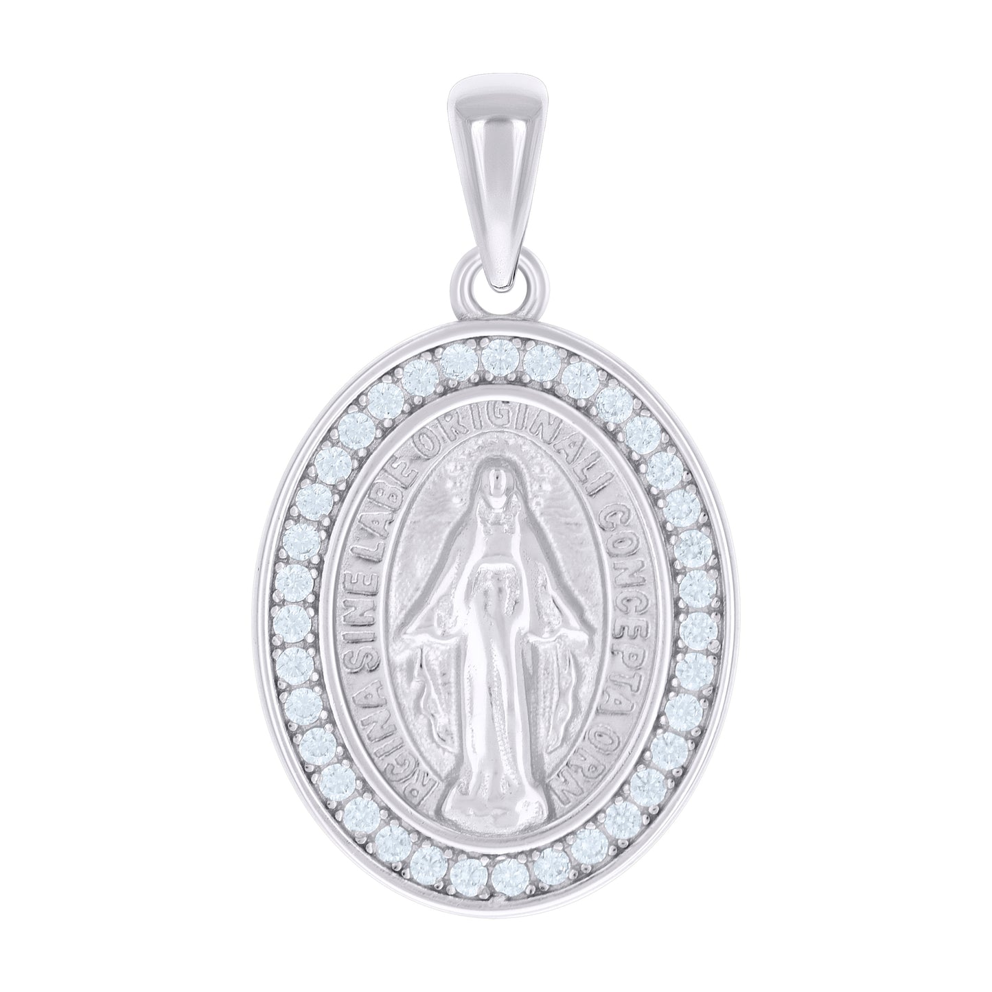 Sterling Silver Unisex Cubic-Zirconia Oval Miraculous Virgin Mary Religious Pendant