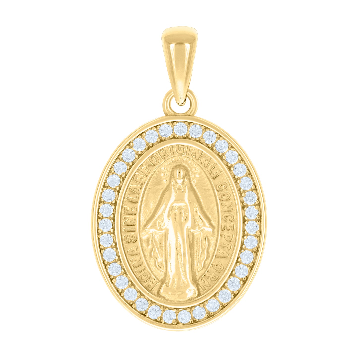 Sterling Silver Unisex Cubic-Zirconia Oval Miraculous Virgin Mary Religious Pendant