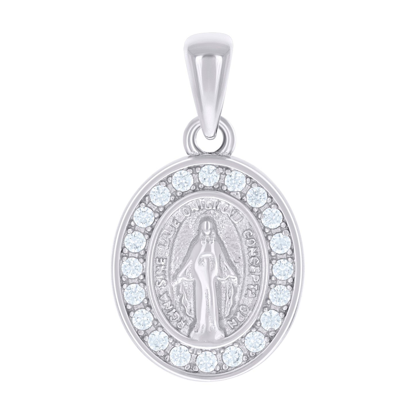 Sterling Silver Unisex Cubic-Zirconia Oval Miraculous Virgin Mary Religious Pendant