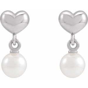 Sterling Silver Pearl Shape 4 Mm Freshwater Pearl Youth Heart Drop Earrings