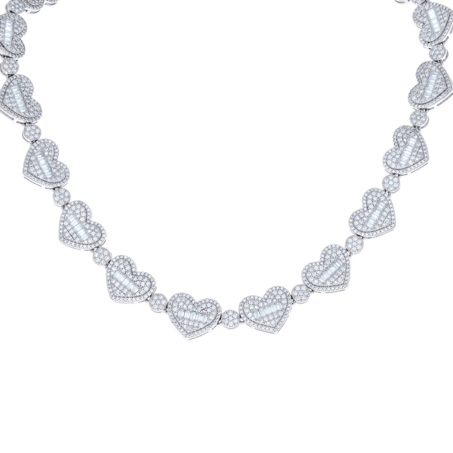 Sterling Silver Round & Baguette Moissanite Heart Link Necklace 12.1mm