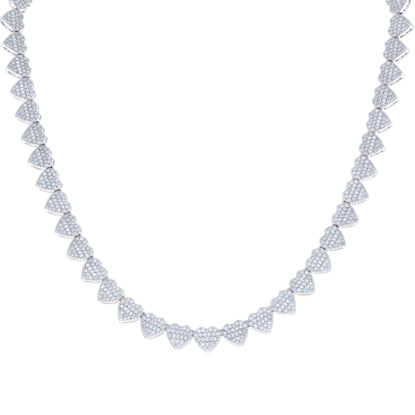 Sterling Silver Round & Baguette Moissanite Heart Link Necklace