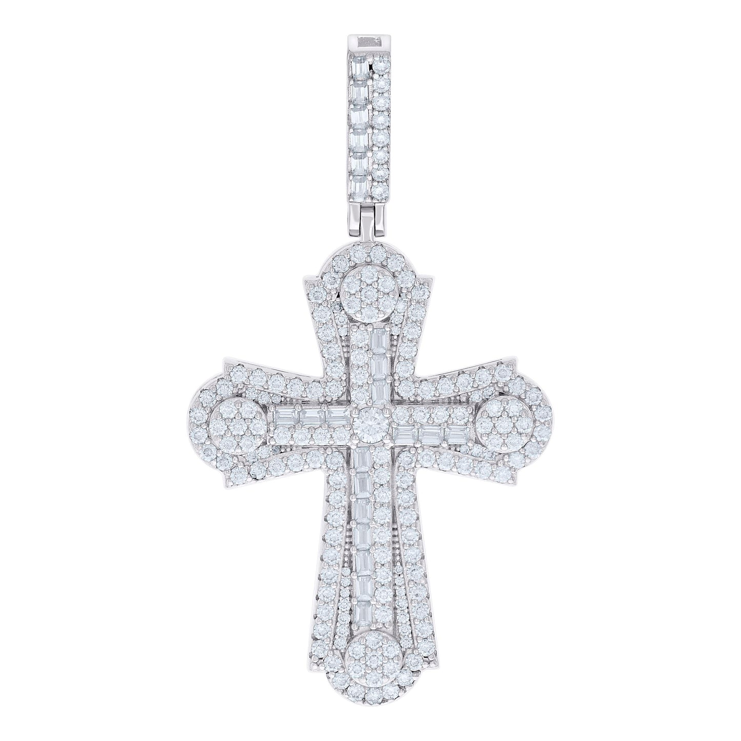 Sterling Silver Mens 4.06ct Round 0.95ct Baguette Moissanite Cross Religious Pendant