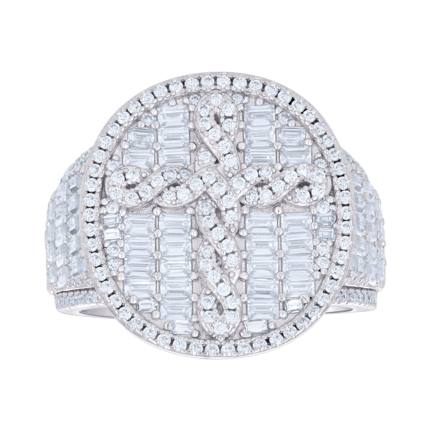 Sterling Silver Mens 0.76ct Round 2.9ct Baguette Moissanite Cross Religious Bridal Anniversary Wedding Engagement Band Ring