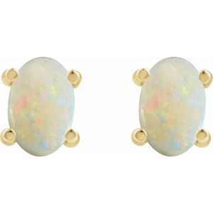 14K Yellow Gold Oval Shape 6 X 4 Mm Natural White Opal Cabochon 4-Prong Stud Earrings