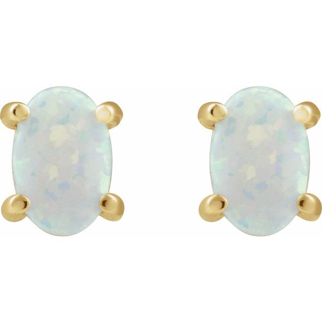 14K Yellow Gold Oval 6 X 4 Mm Friction Polished Lab-Grown White Opal Cabochon 4-Prong Stud Earrings