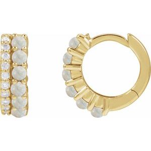 14K Yellow Gold Round 2 Mm Natural White Opal And 1/8 Ctw Natural Diamond Huggie Earrings
