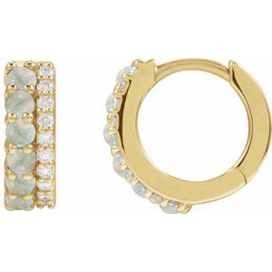 14K Yellow Gold Round 2 Mm Natural White Opal And 1/8 Ctw Natural Diamond Huggie Earrings