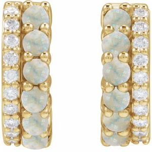 14K Yellow Gold Round 2 Mm Natural White Opal And 1/8 Ctw Natural Diamond Huggie Earrings