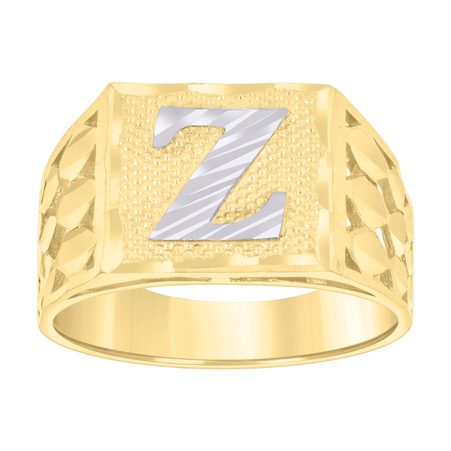 10K Two-Tone Gold Mens Diamond-Cut Textured Initial Letter Band Ring