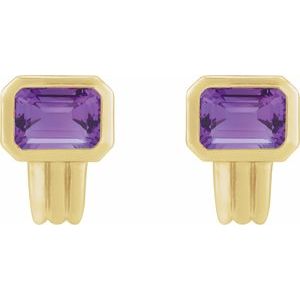 14K Yellow Gold Emerald 7 X 5 Mm Natural Amethyst Bezel-Set Solitaire Earring