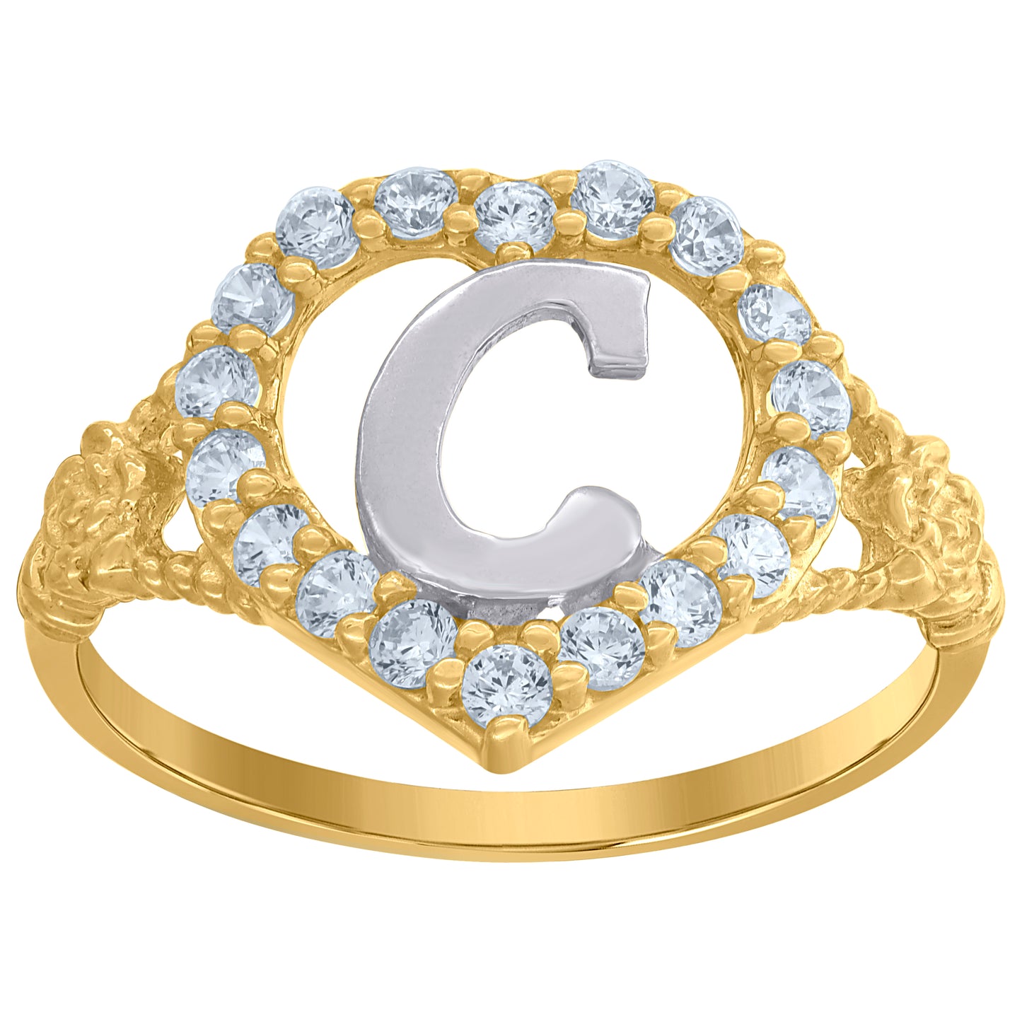 10K Two-Tone Gold Womens Cubic Zirconia Polished Finish Heart Shape Letter Initial Bridal Anniversary Engagement Wedding Ring