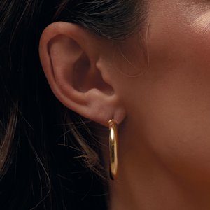 14K Yellow Gold Pair Round Tube Hoop Earrings, Length: 30 Mm, Thickness: 5 Mm
