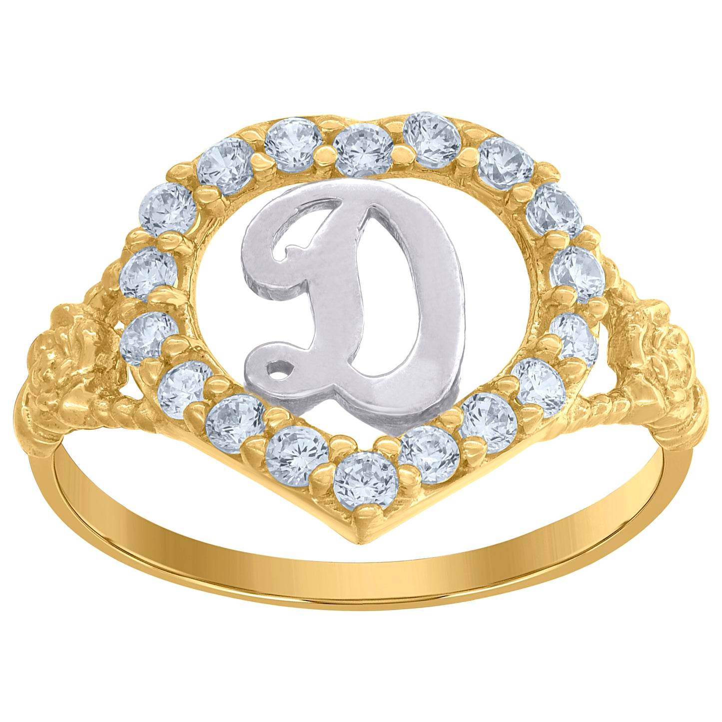10K Two-Tone Gold Womens Cubic Zirconia Polished Finish Heart Shape Letter Initial Bridal Anniversary Engagement Wedding Ring