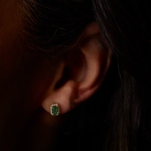 14K Yellow Gold Emerald 5 X 3 Mm Lab-Grown Emerald And .07 Ctw Natural Diamond Halo-Style Earrings
