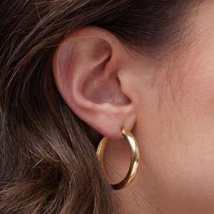 14K Yellow Gold Pair Half Round Tube Hoop Earrings, Length: 30 Mm, Thickness: 4.6 Mm