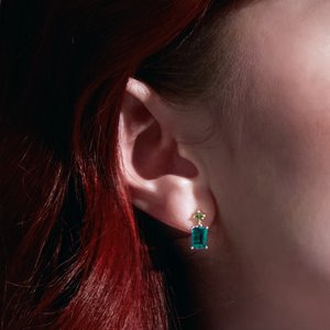 14K Yellow Gold Emerald 7 X 5 Mm Lab-Grown Emerald And Natural Peridot Dangle Earrings