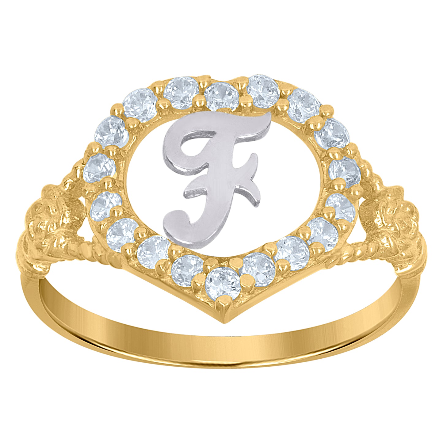 10K Two-Tone Gold Womens Cubic Zirconia Polished Finish Heart Shape Letter Initial Bridal Anniversary Engagement Wedding Ring