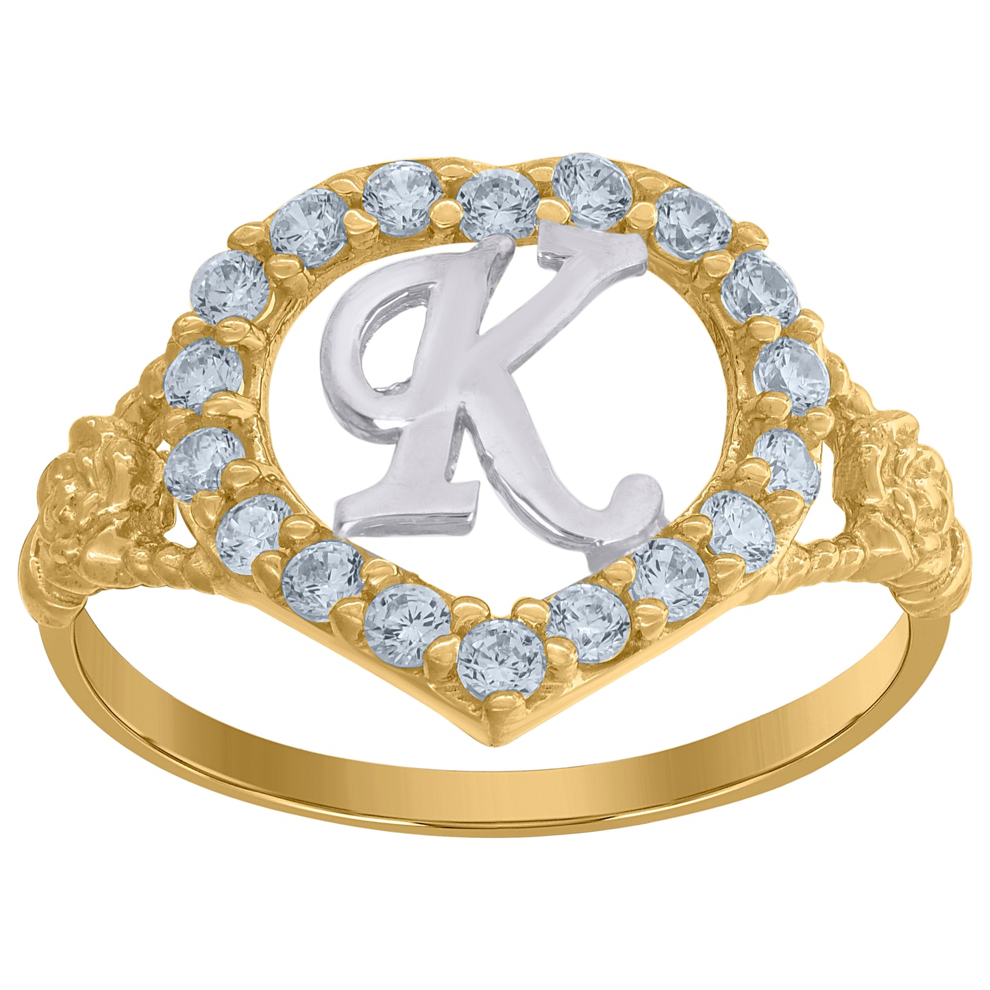 10K Two-Tone Gold Womens Cubic Zirconia Polished Finish Heart Shape Letter Initial Bridal Anniversary Engagement Wedding Ring