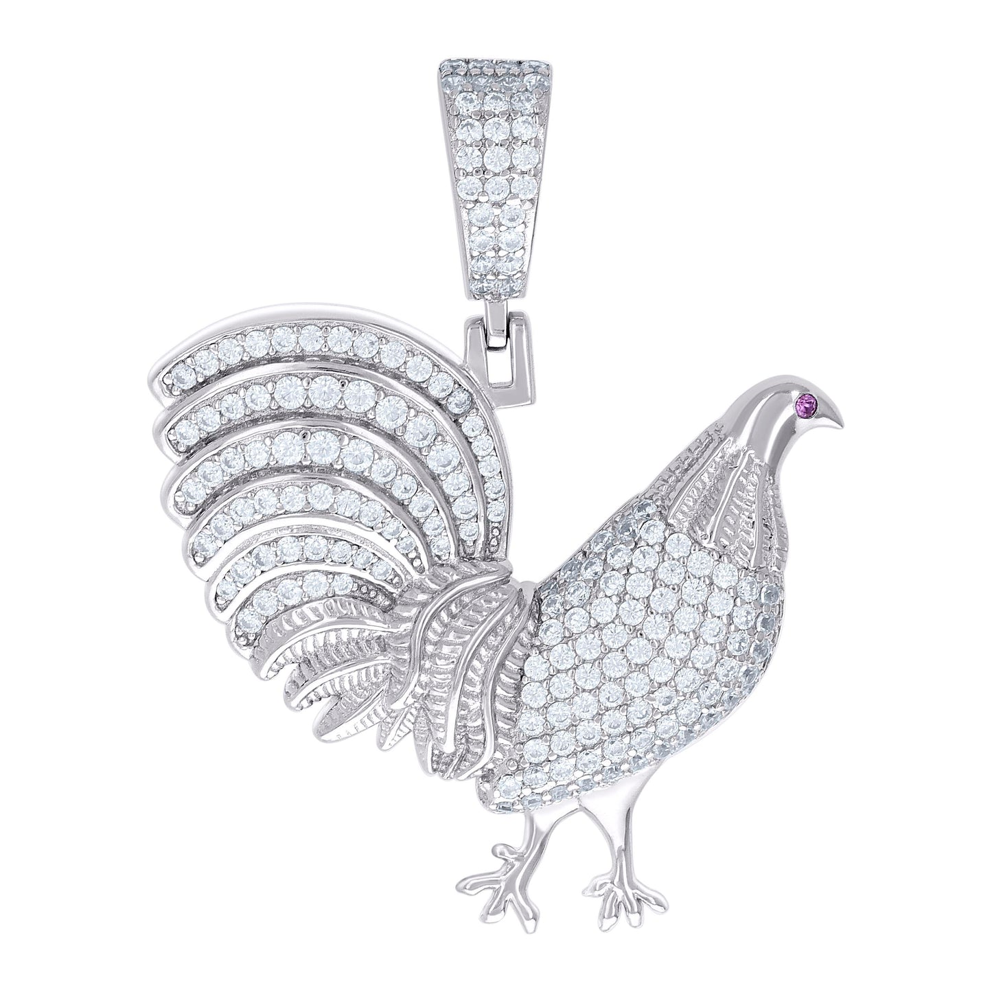 Sterling Silver Mens Round Moissanite Rooster Ground Bird Wildlife Charm Pendant