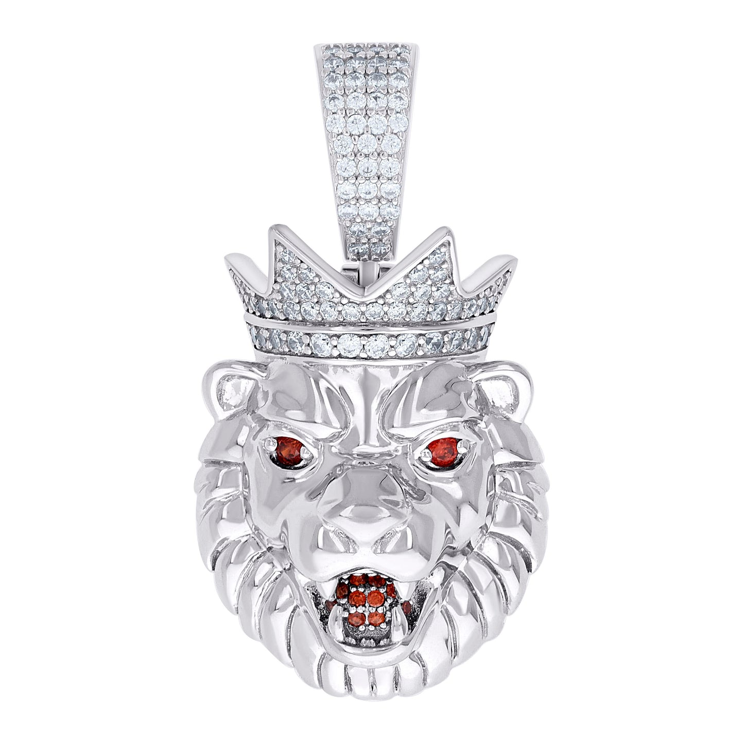 Sterling Silver Mens White Red Moissanite Leo/Lion Head Wildlife Charm Pendant