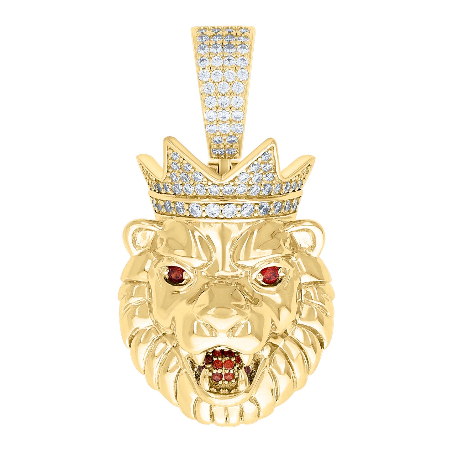 Sterling Silver Mens White Red Moissanite Leo/Lion Head Wildlife Charm Pendant