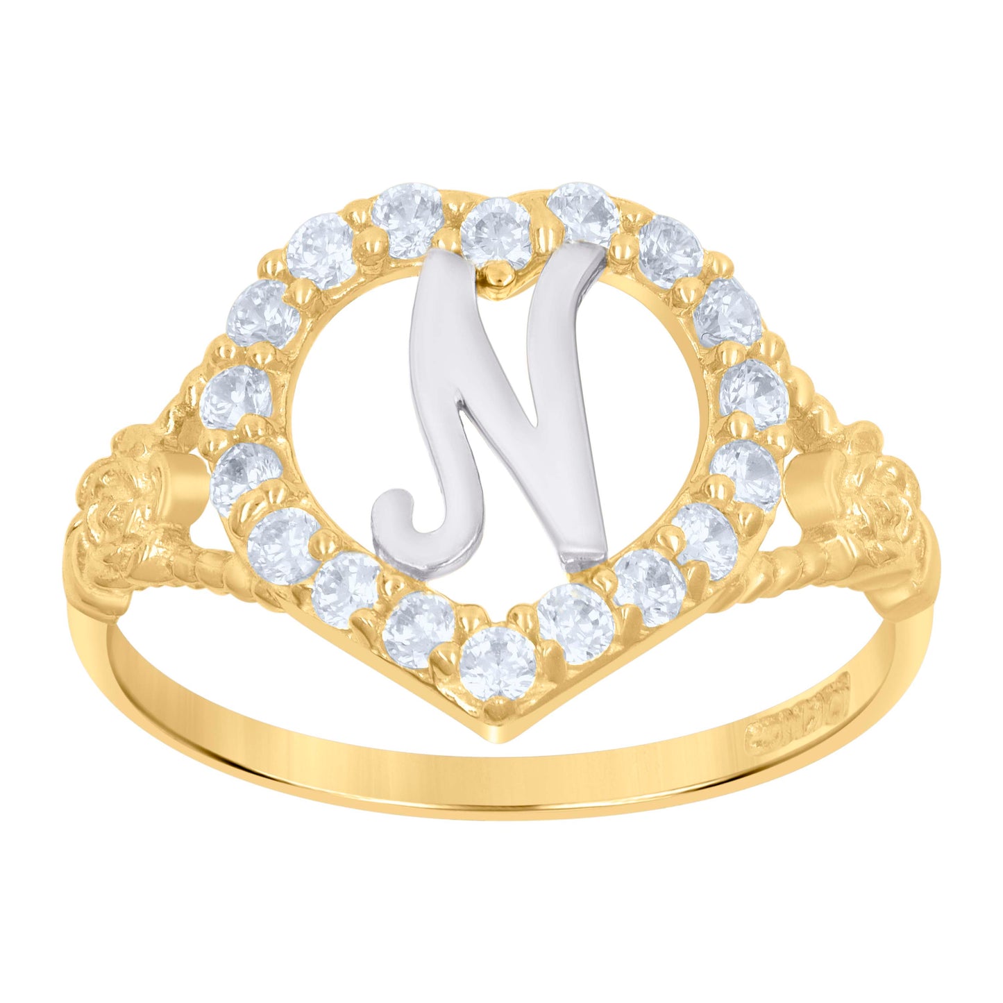 10K Two-Tone Gold Womens Cubic Zirconia Polished Finish Heart Shape Letter Initial Bridal Anniversary Engagement Wedding Ring