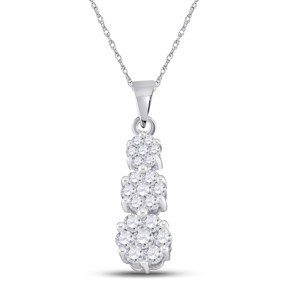 14K White Gold Womens Round Diamond Triple Flower Cluster Pendant 1/2 Cttw, Length: 0.93 In, Width: 0.22 In