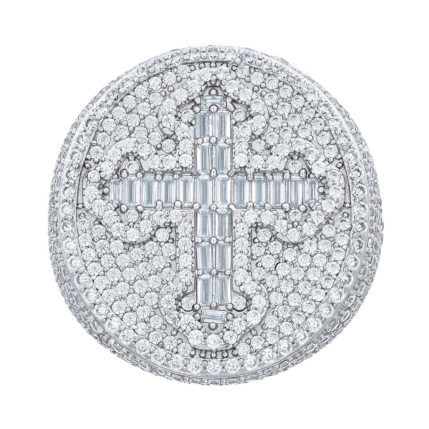 Sterling Silver Mens 4.88ct Round, 0.83ct Baguette Moissanite Cross Religious Bridal Anniversary Wedding Engagement Band Ring