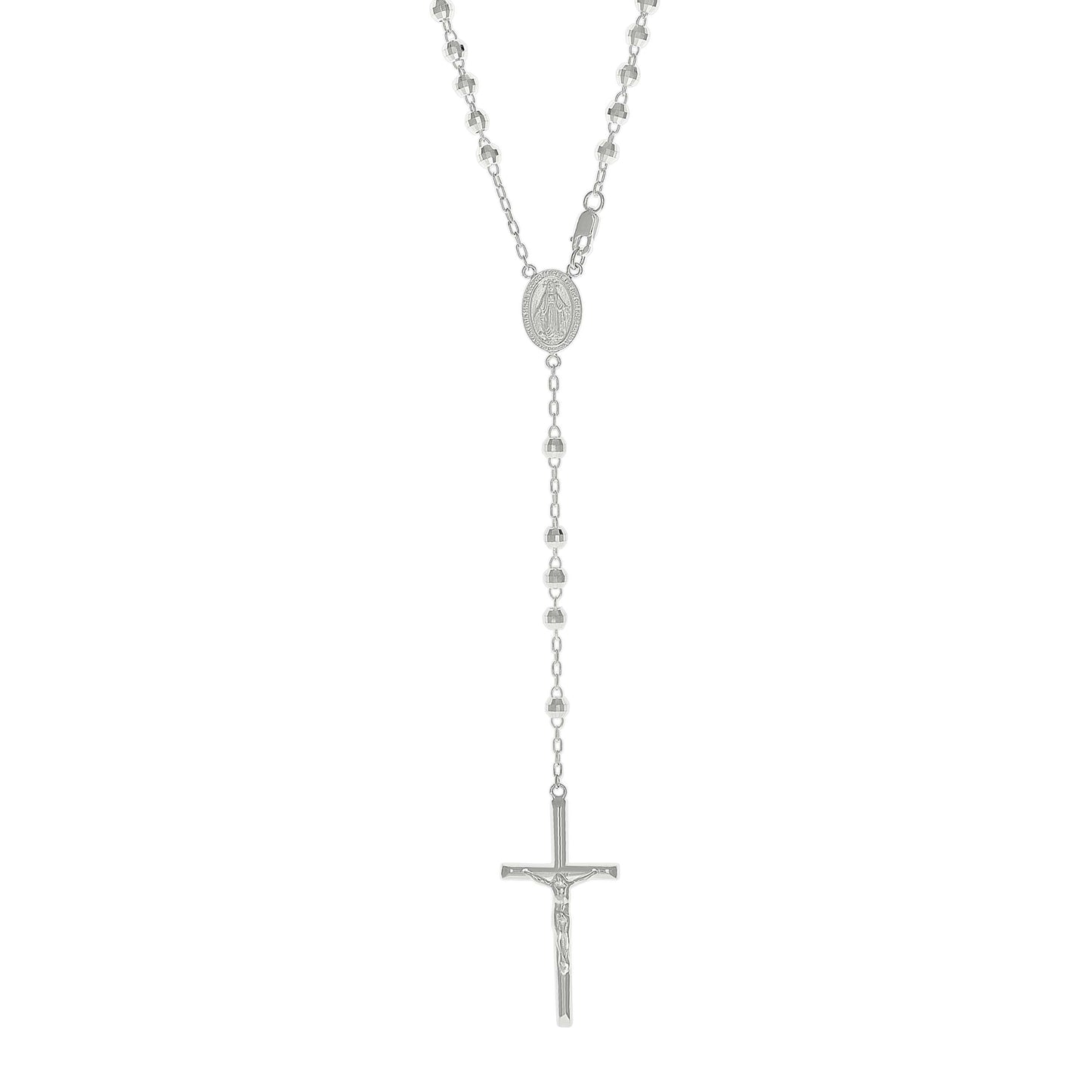 Sterling Silver Rhodium Plated Unisex Guadalupe Crucifix Cross Religious Rosary Necklace 4Mm