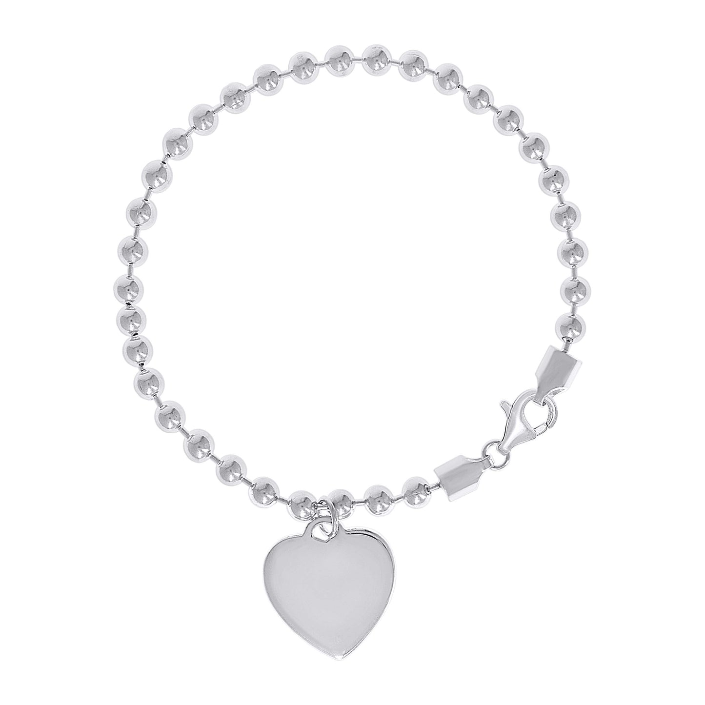 Sterling Silver Womens Heart Charm Beaded Bracelet Size 7.5 Inches
