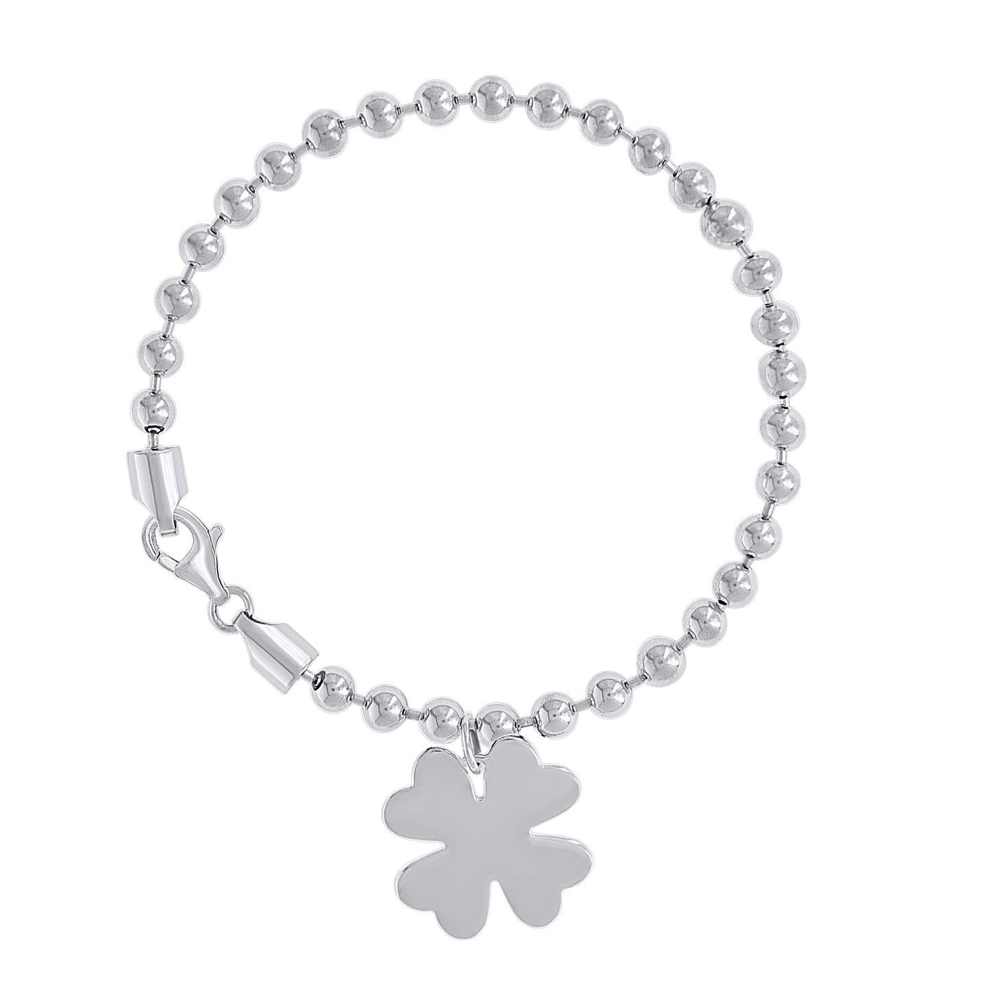 Sterling Silver Womens Good Luck Clover Charm Beaded Bracelet Size 7 Inches