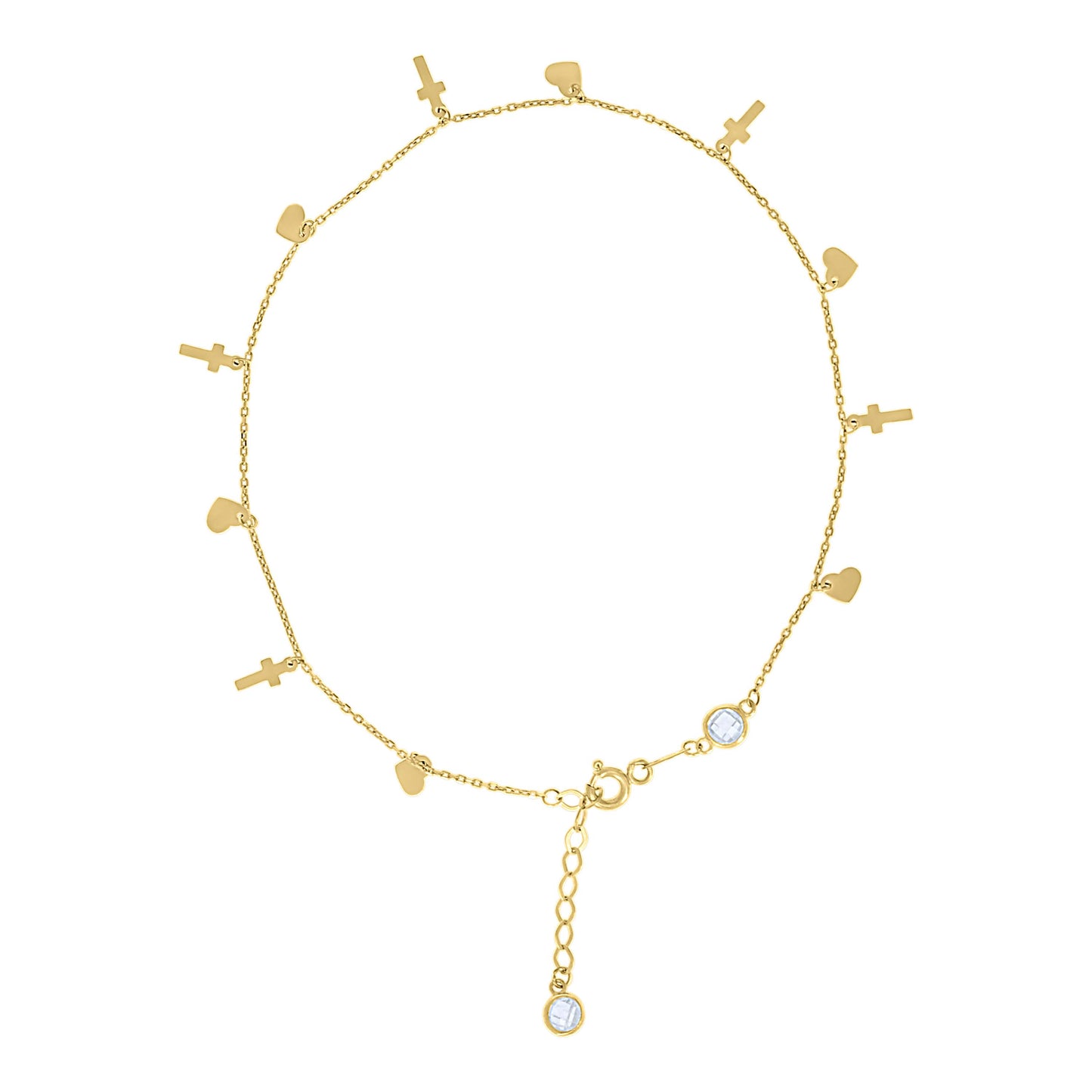 10K Or 14K Yellow Gold Womens Cubic-Zirconia Heart Cross Charms Chain Anklet Size 10 Inches