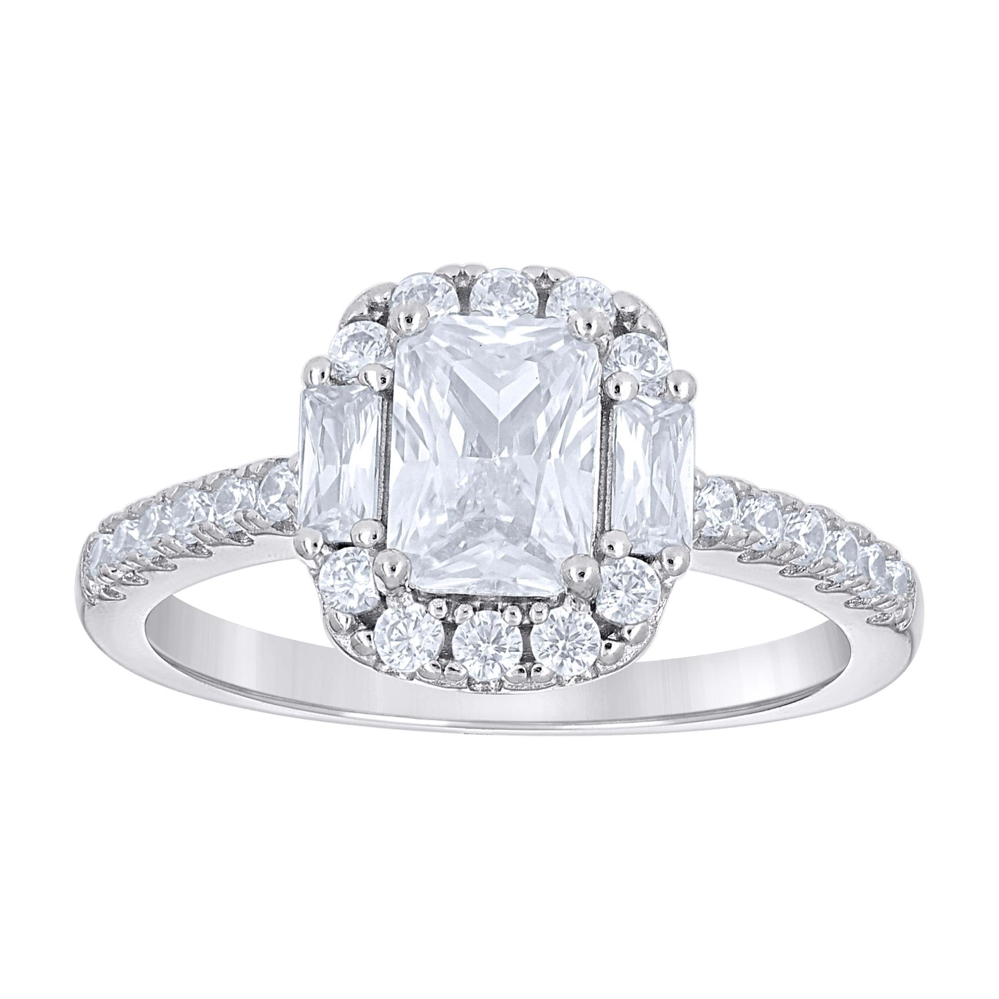 Sterling Silver Womens Emerald Baguette Round Cubic-Zirconia Fashion Bridal Anniversary Engagement Wedding Ring