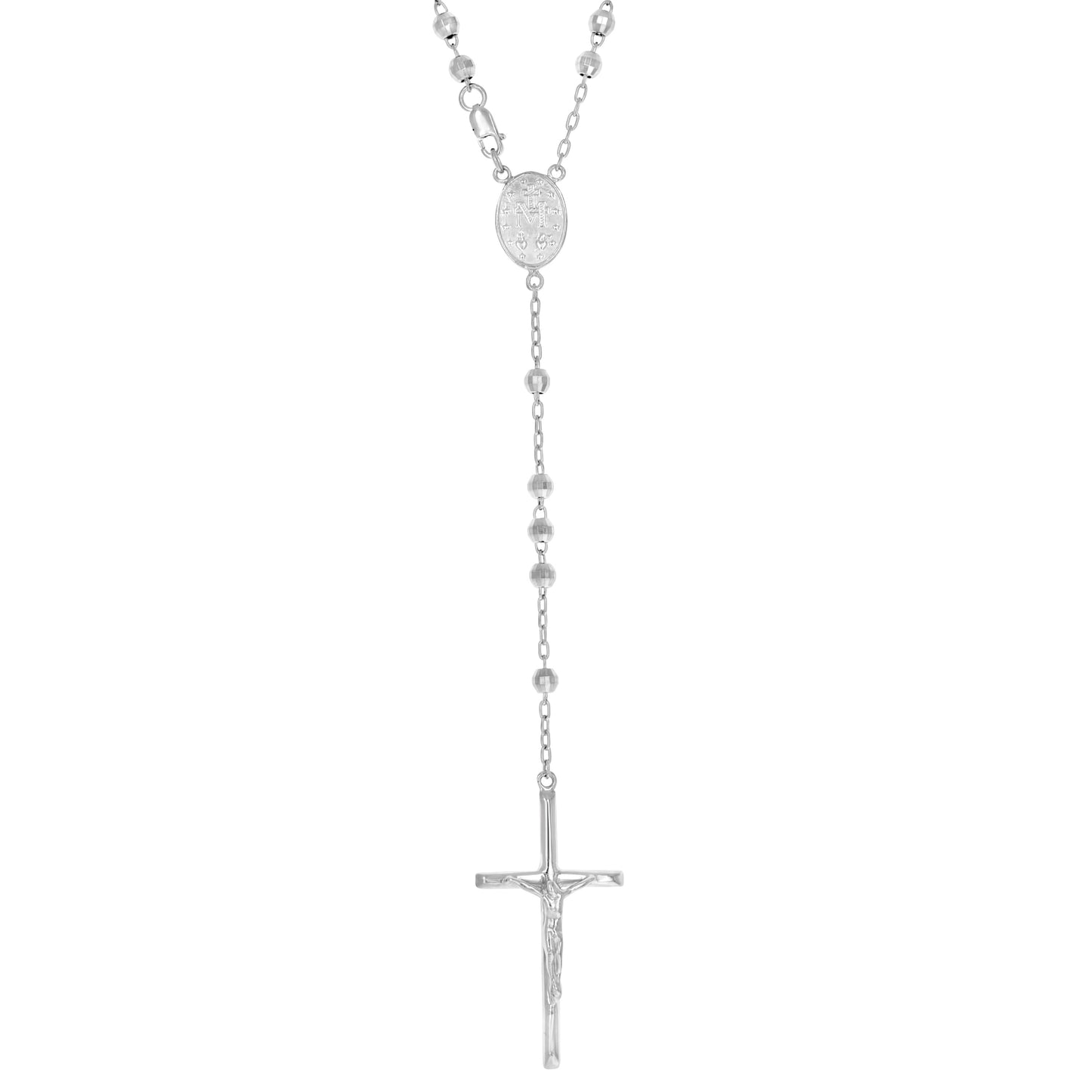 Sterling Silver Rhodium Plated Unisex Guadalupe Crucifix Cross Religious Rosary Necklace 4Mm