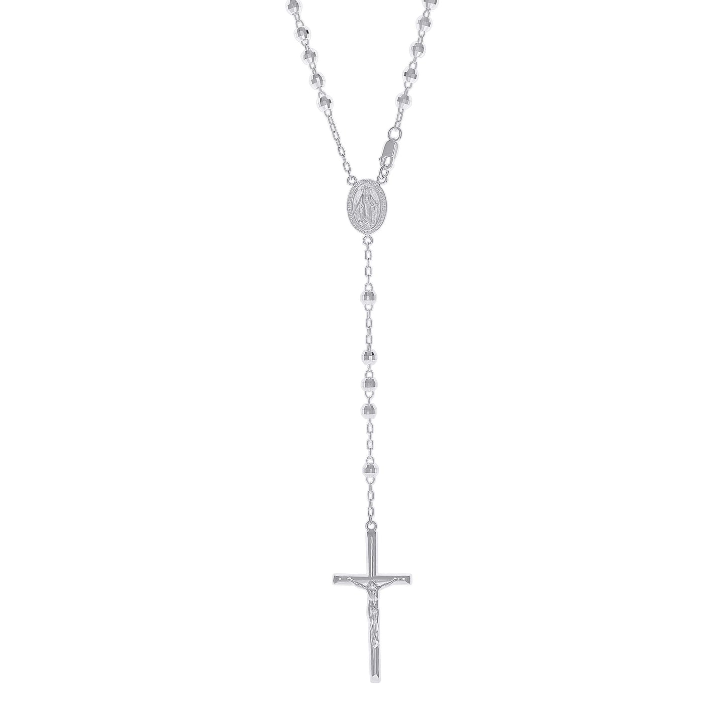 Sterling Silver Rhodium Plated Unisex Guadalupe Crucifix Cross Religious Rosary Necklace 4Mm