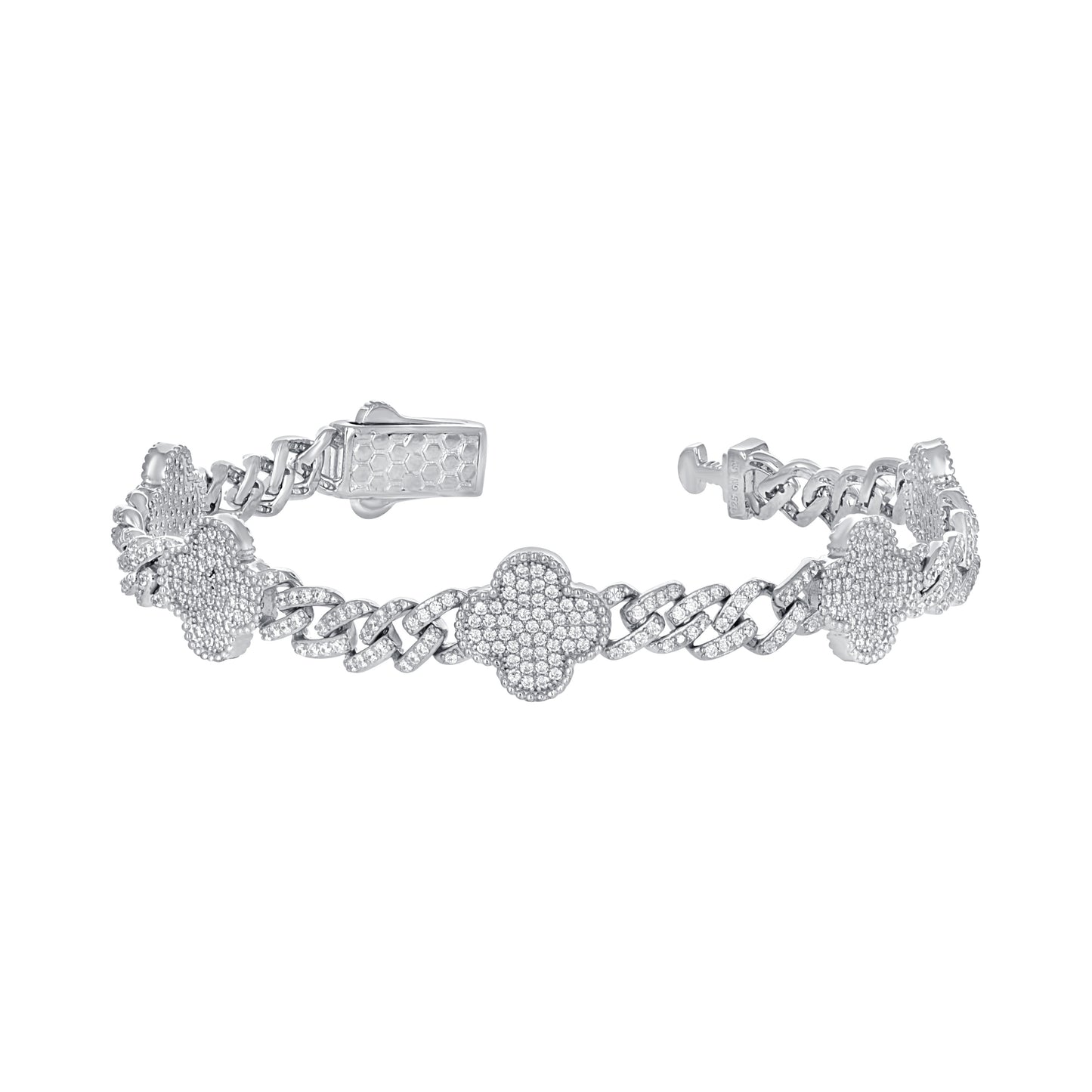 Sterling Silver Womens Cubic-Zirconia Clover Good Luck Bracelet
