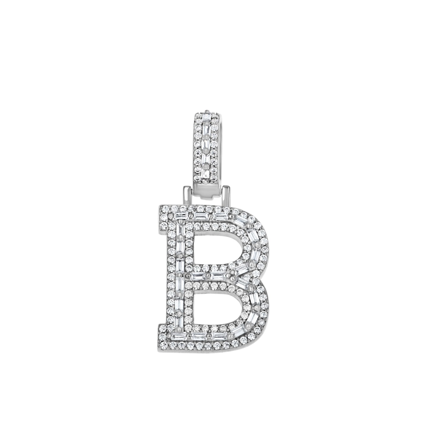 Sterling Silver Unisex Round Baguette Cubic Zirconia Initial Letter A Charm Pendant