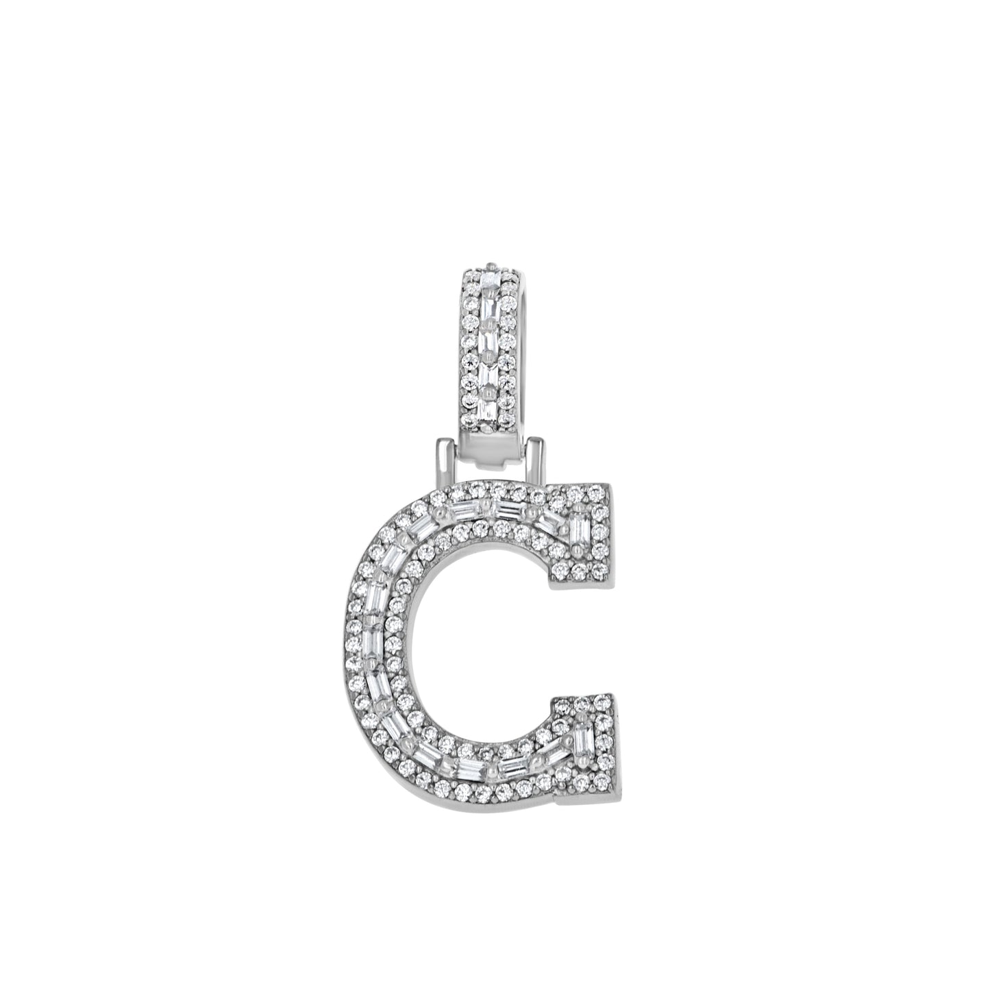 Sterling Silver Unisex Round Baguette Cubic Zirconia Initial Letter A Charm Pendant