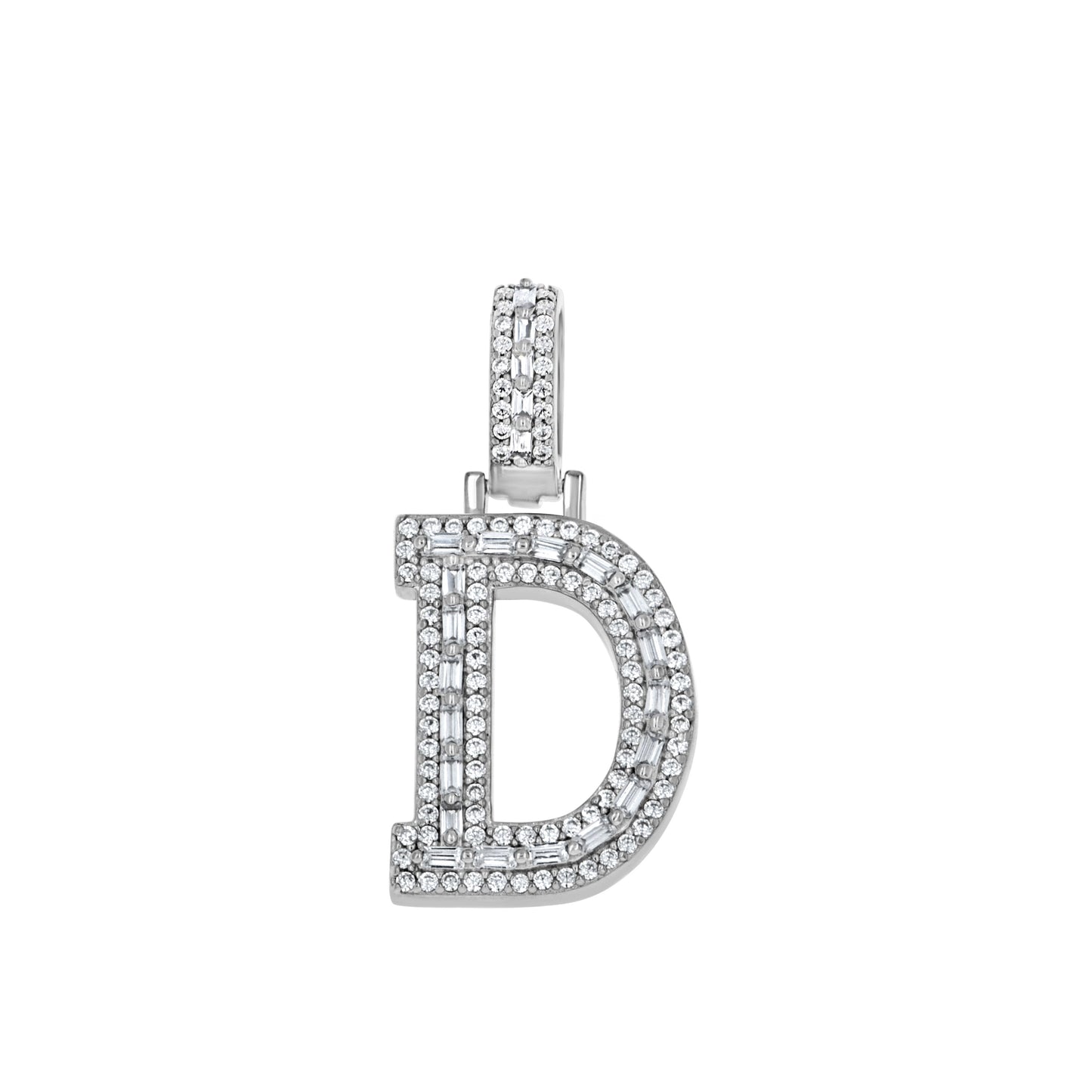 Sterling Silver Unisex Round Baguette Cubic Zirconia Initial Letter A Charm Pendant