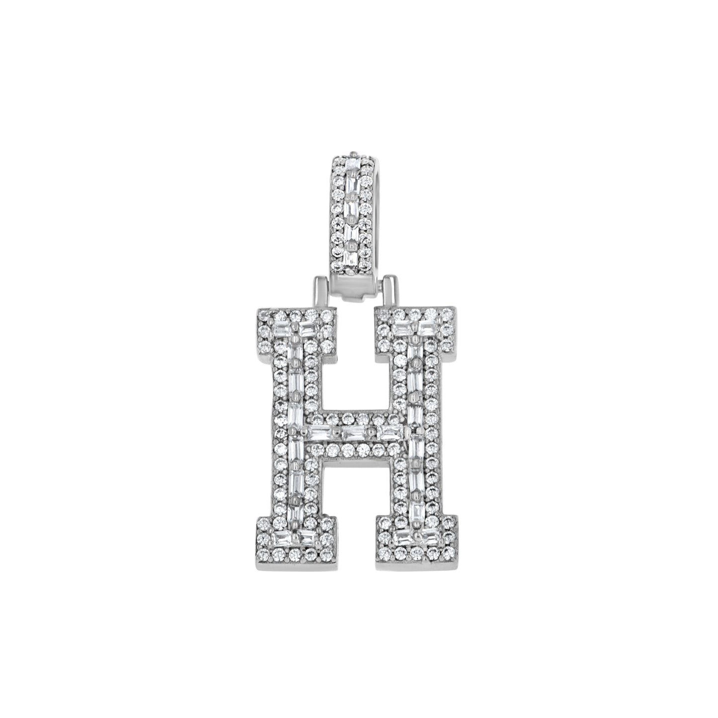 Sterling Silver Unisex Round Baguette Cubic Zirconia Initial Letter A Charm Pendant