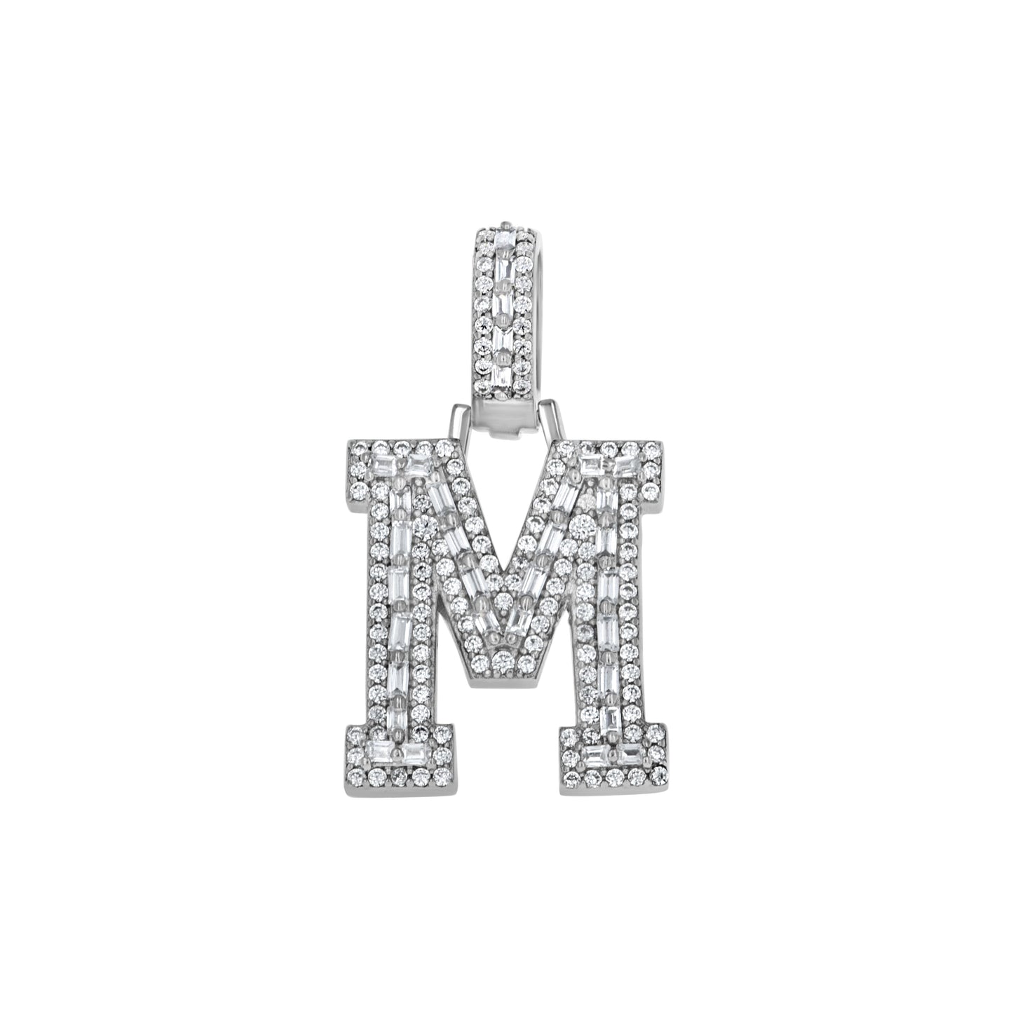 Sterling Silver Unisex Round Baguette Cubic Zirconia Initial Letter A Charm Pendant