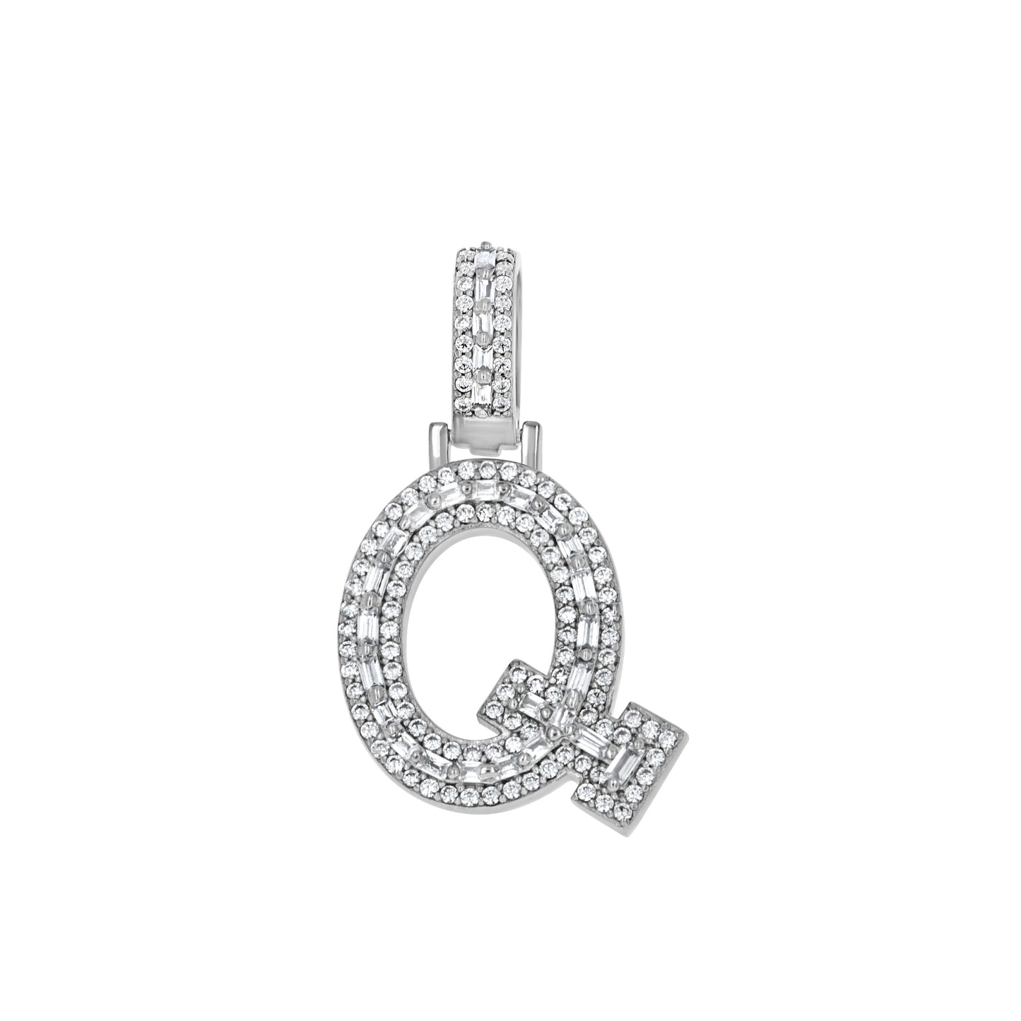 Sterling Silver Unisex Round Baguette Cubic Zirconia Initial Letter A Charm Pendant